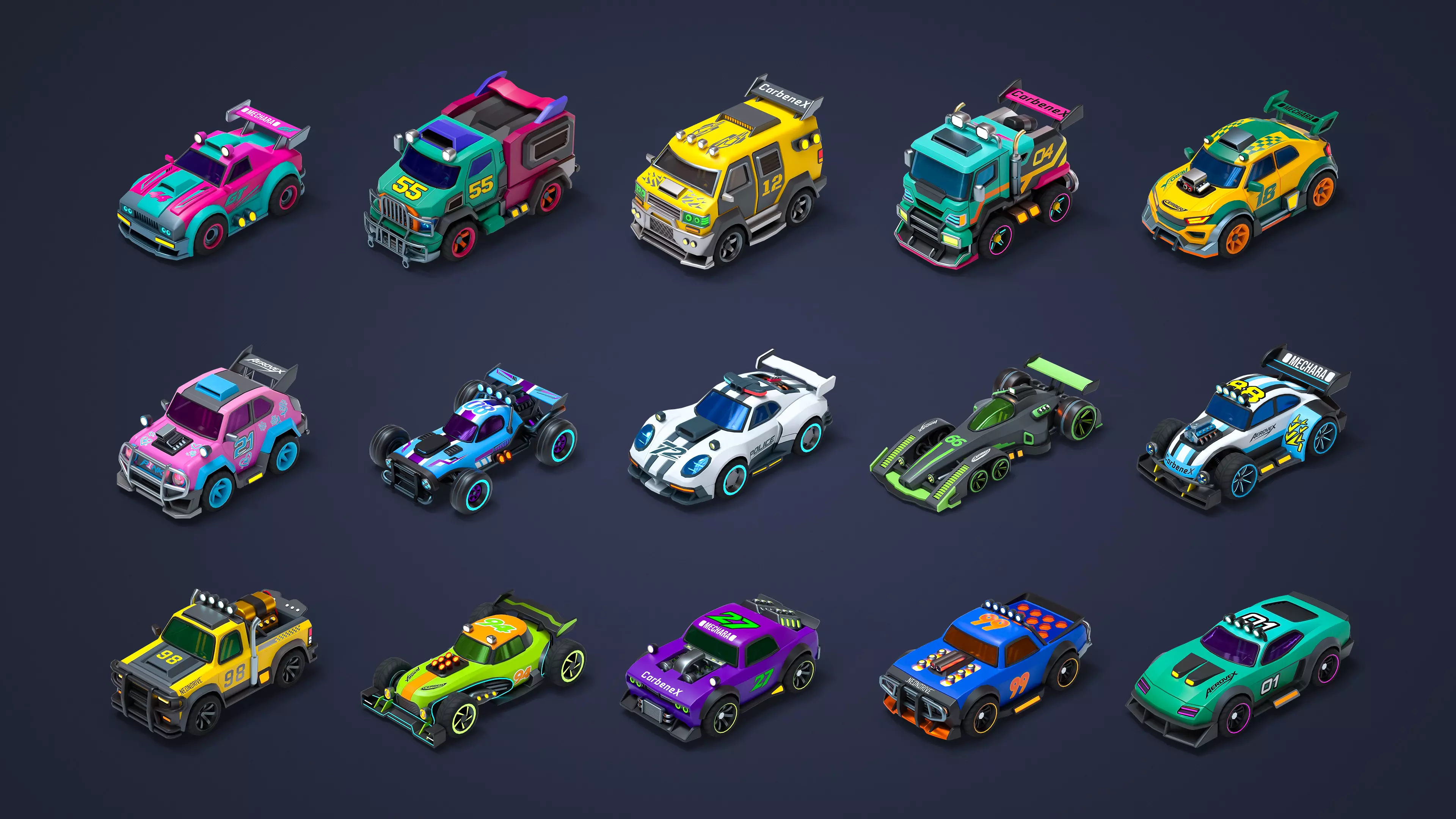 Modular Cyber Racing Cars - Low Poly 3D Models