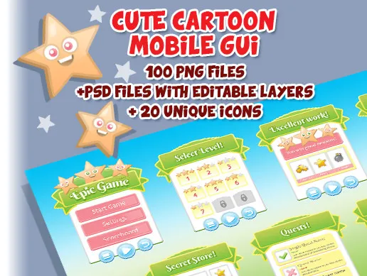 Cute Cartoon Mobile GUI - 97 png files!