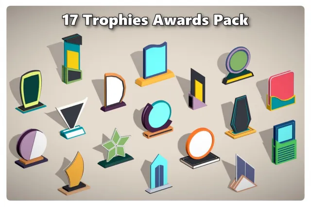 17 Winner Award Trophy Shield Pack - Low Poly Reward Set