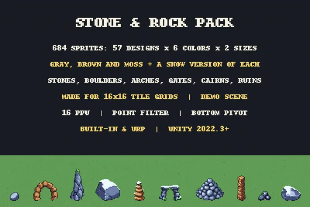 Stone & Rock Pack — Pixel Art Rocks, Arches & Ruins for 16x16 Games