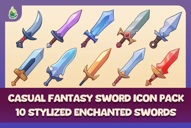 Casual Fantasy Sword Icon Pack – 10 Stylized Enchanted Swords